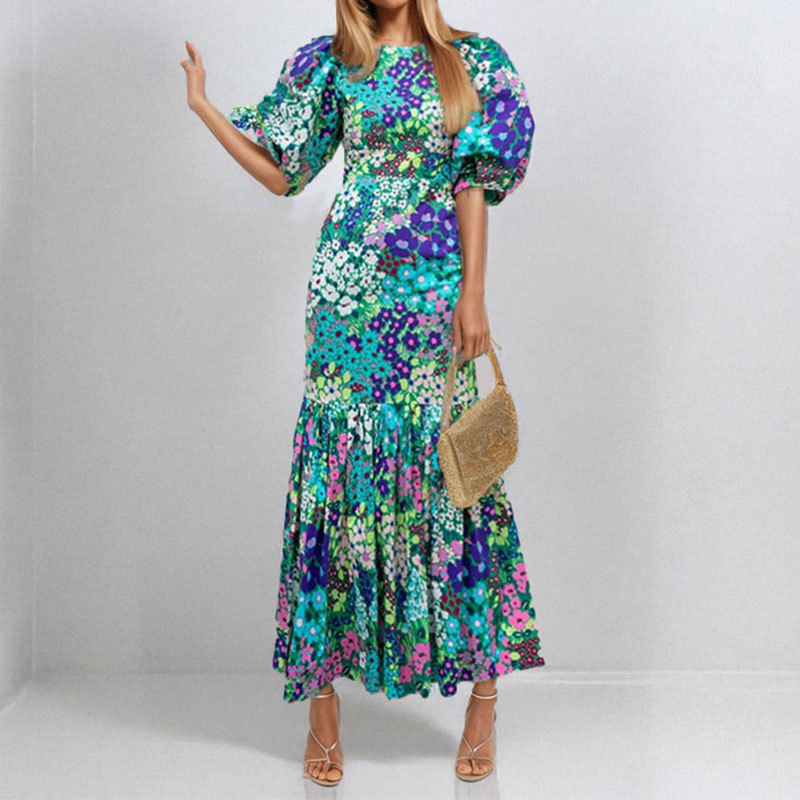 Floral Print Puff Sleeve Slim Fit Midi Dress