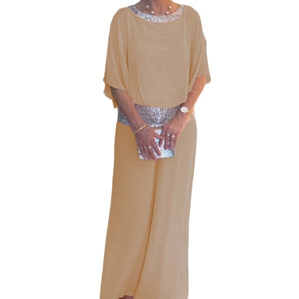 Solid Color Sequin Colorblock Batwing Sleeve Top and Wide-Leg Pants Set