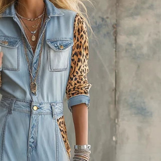 Retro Leopard Patchwork Blue Jumpsuit