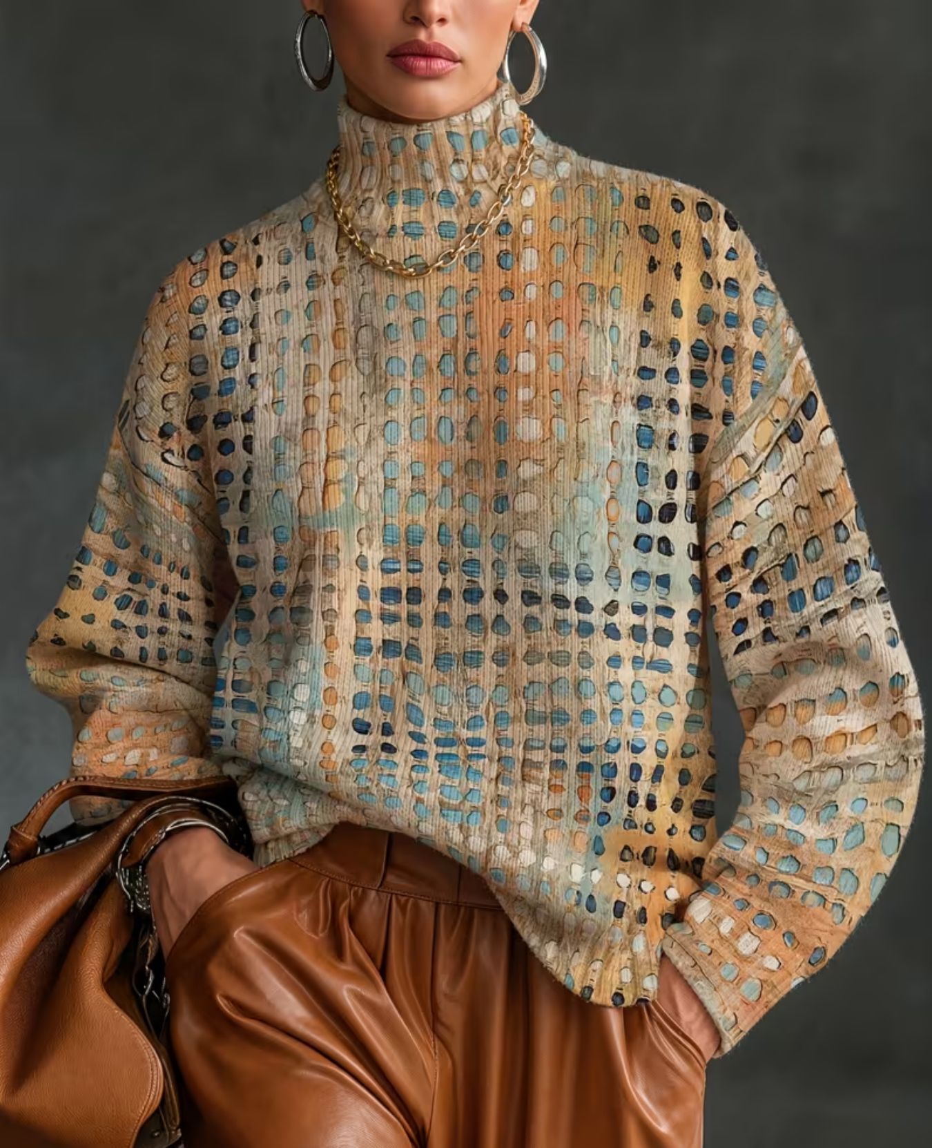 Women's Floral Polka Dot Print Turtleneck Casual Sweater