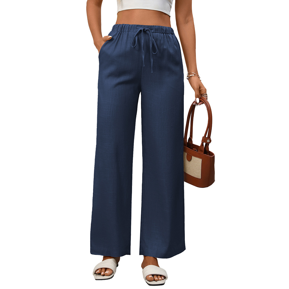 Women's Solid Color High-Waist Wide-Leg Cotton-Linen Pants