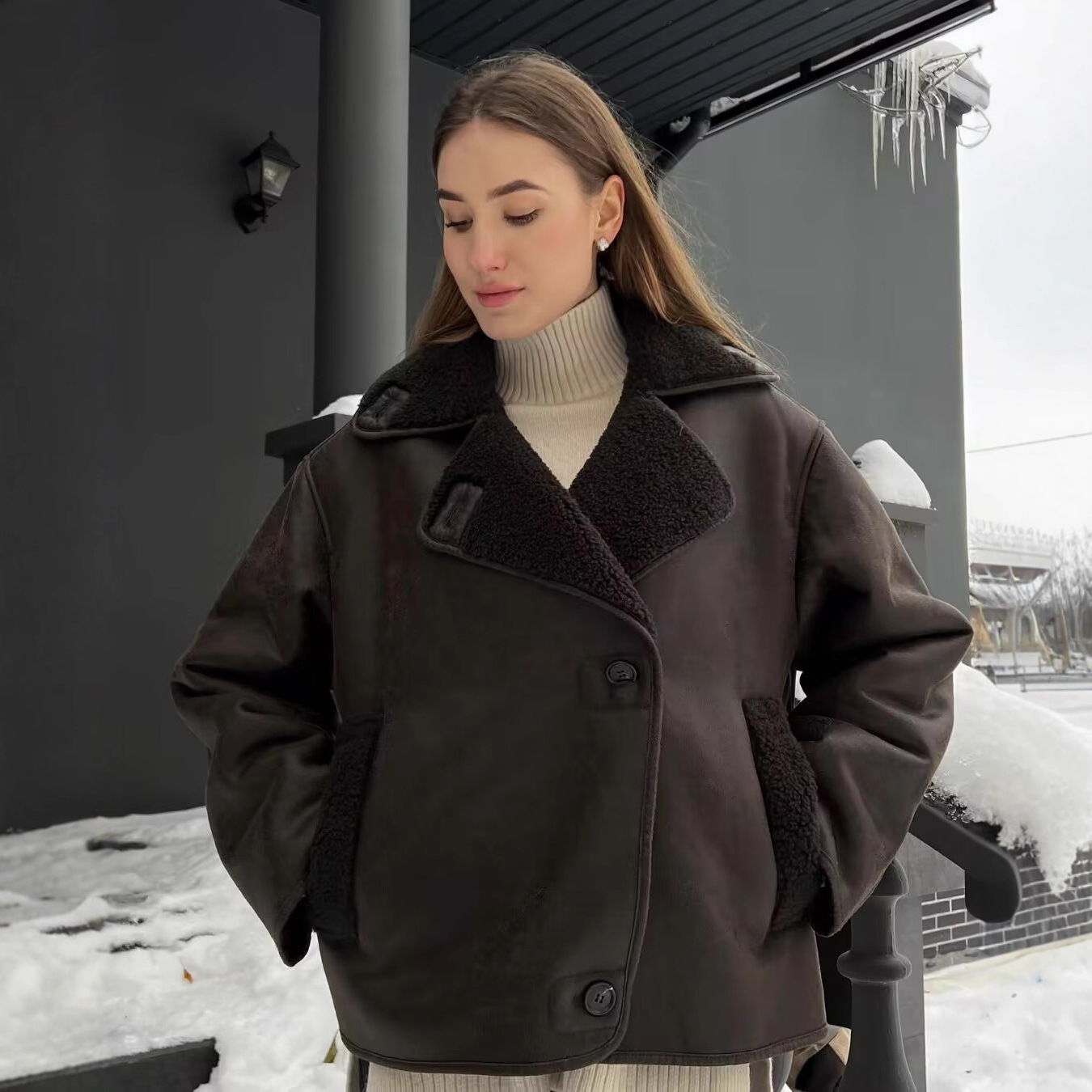 Women's Faux Fur Shearling Coat with Lapel Collar