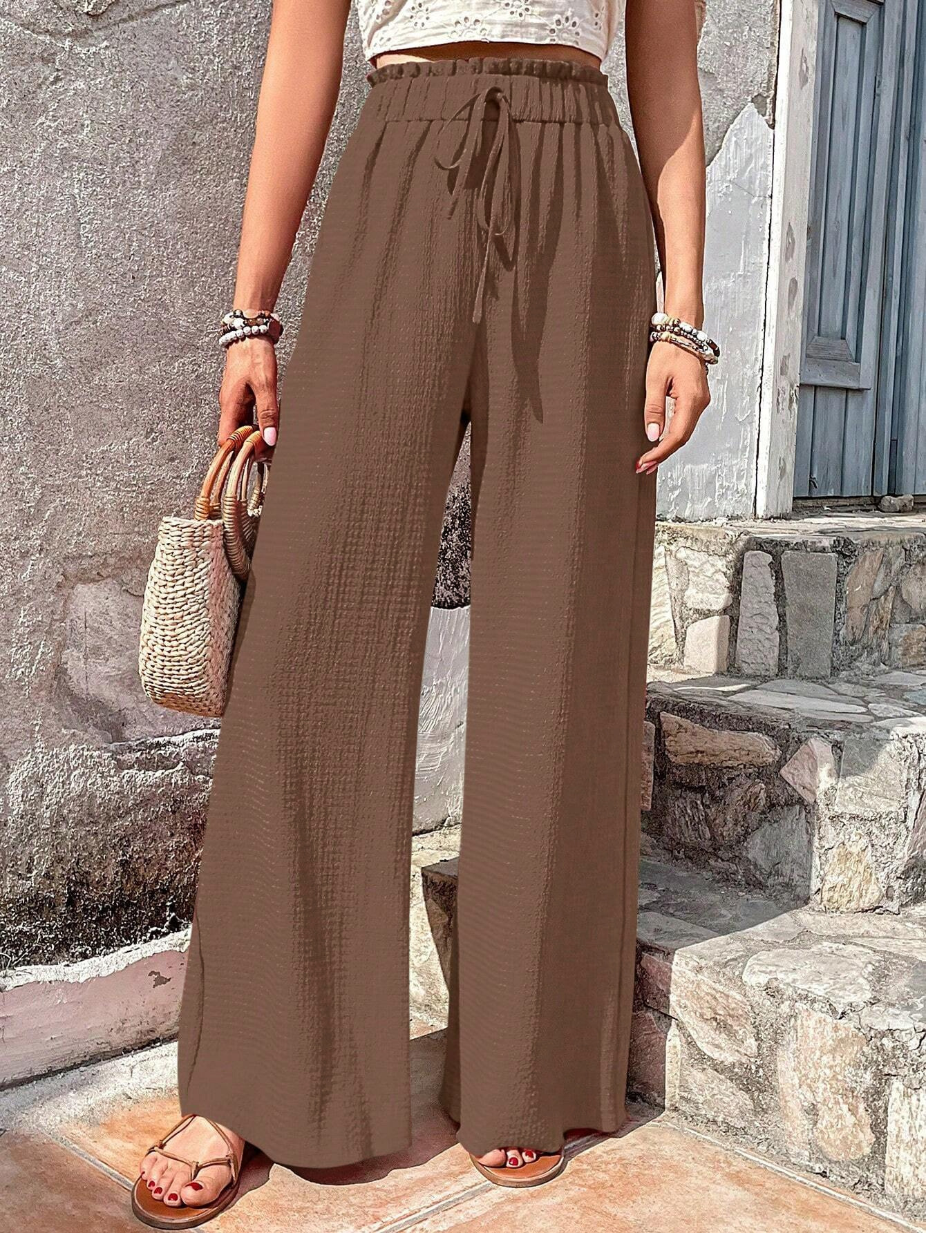 Bubble Plaid Wide-Leg Casual Pants for Women