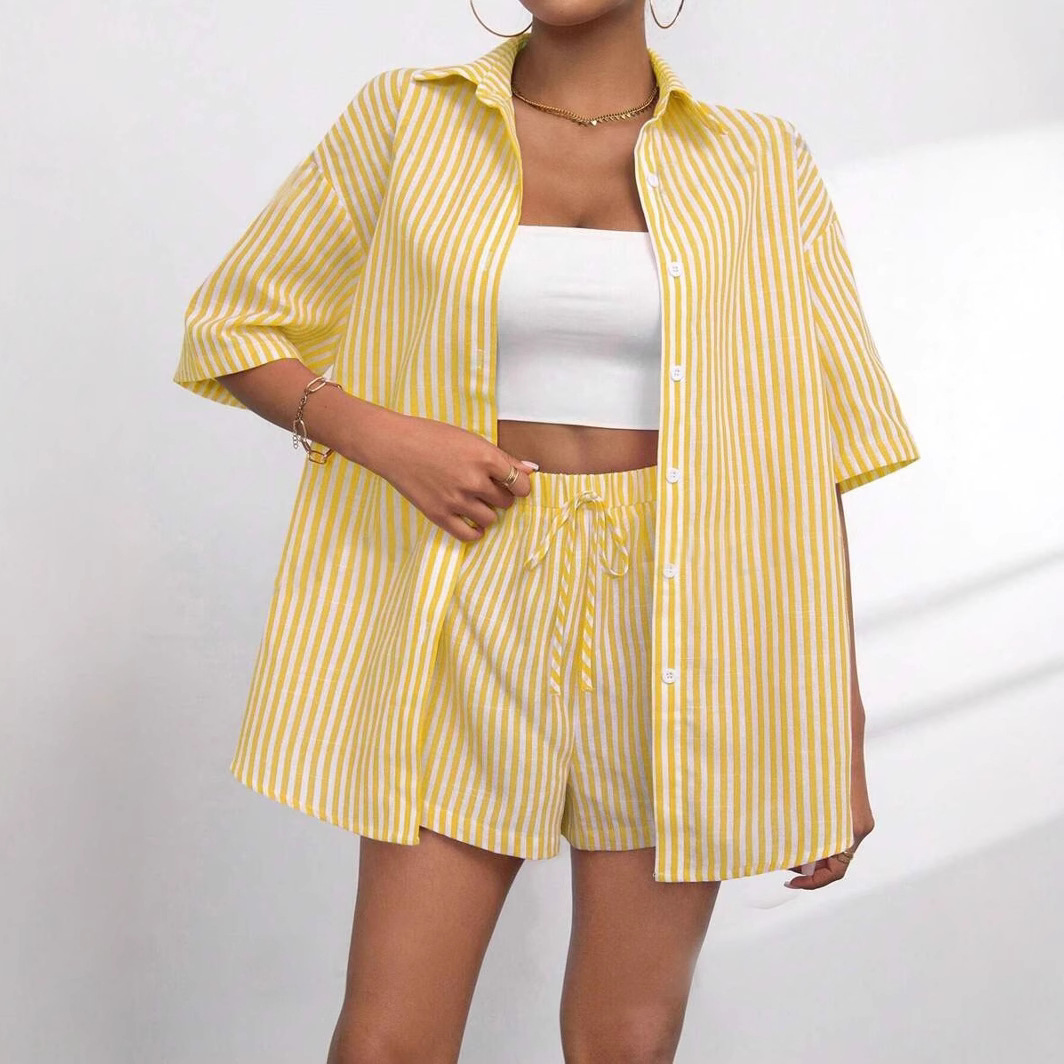 Striped Lapel Short-Sleeve Top and Shorts Two-Piece Set