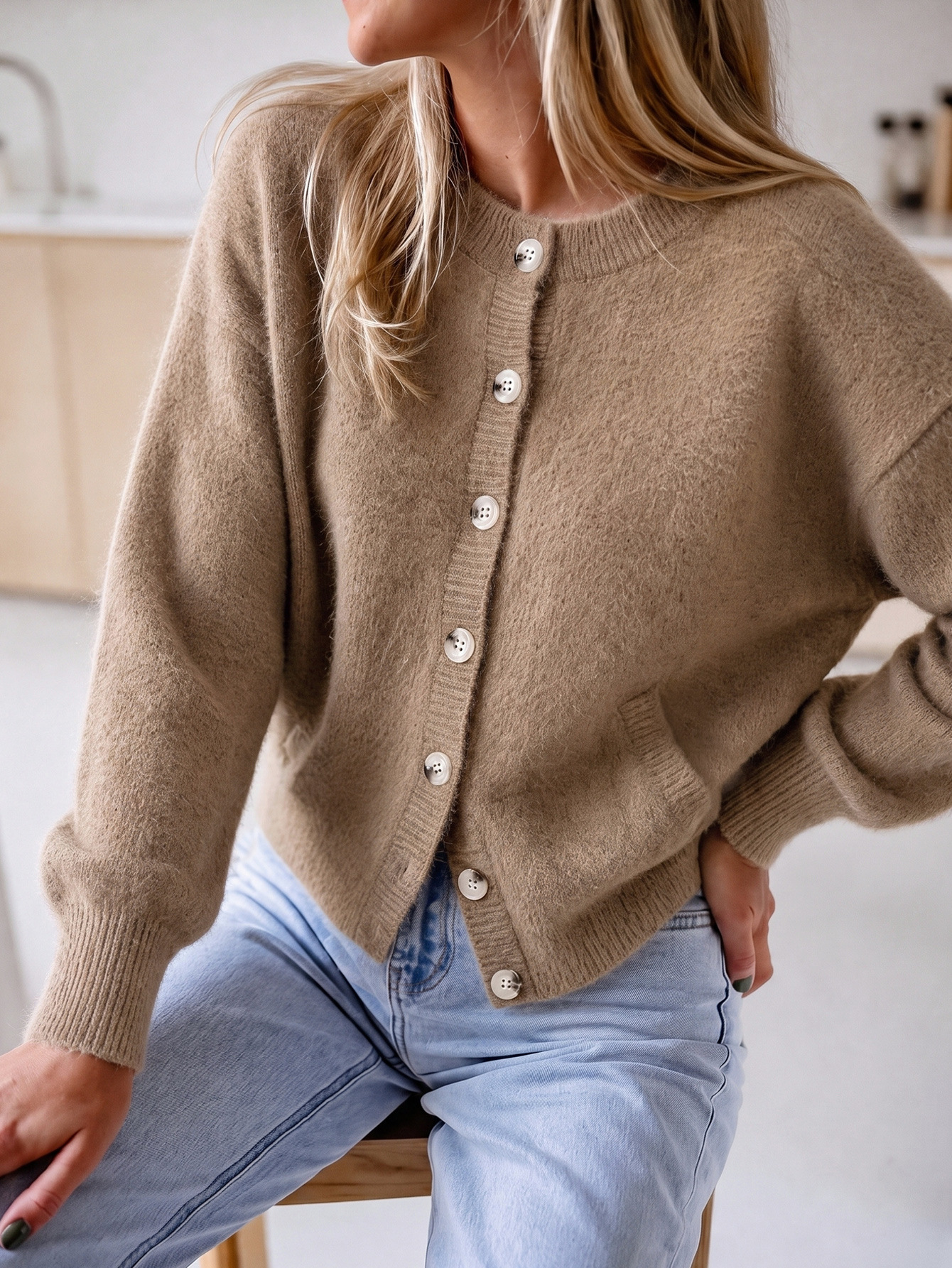 Soft Fuzzy Knit Cardigan Round Neck Button Front Cropped Loose Fit Long Sleeve with Pockets