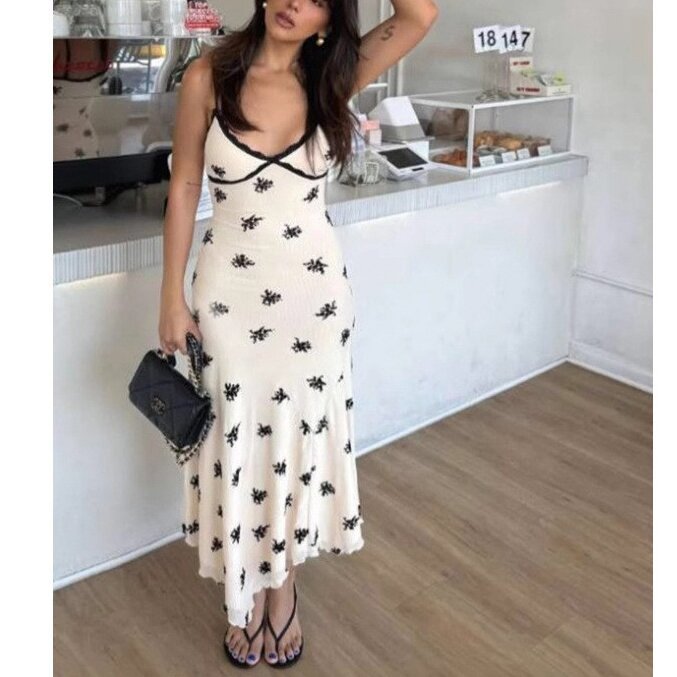 Women's V-Neck Open-Back Cami Dress Slim Fit Floral Print
