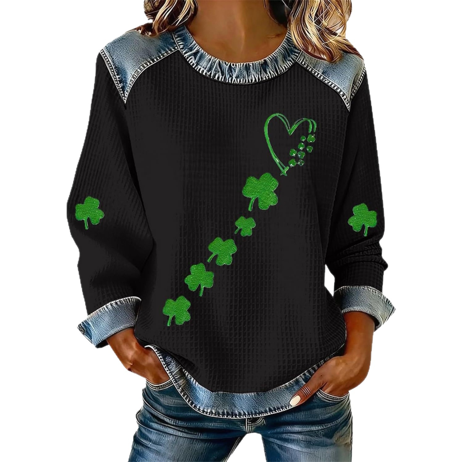 3D Print Denim Collar Waffle Knit Pullover Sweatshirt Women's Loose Fit