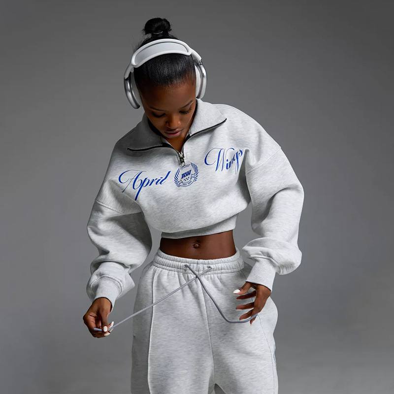 Women's Long Sleeve Collared Printed Hoodie and Tie Pants Two-Piece Set