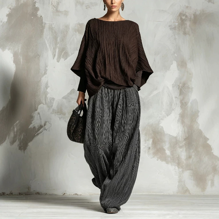 Women's Pleated Batwing Sleeve Top & Wide-Leg Pants Two-Piece Set