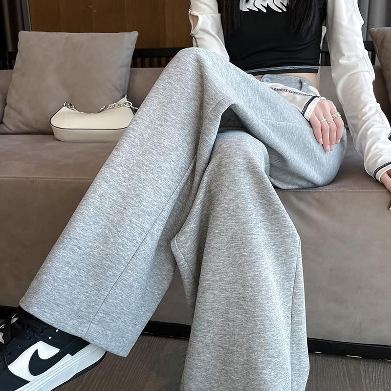Petite Gray Wide-Leg Straight Pants for Women, Fall/Winter Drapey Slimming Casual