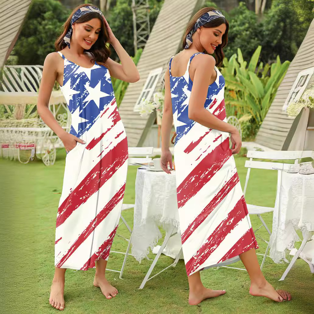Flag Print Sleeveless A-Line Midi Dress with Pockets