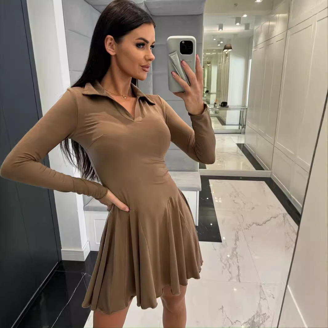 Solid Color Waist-Cinched Long-Sleeve Collared Dress