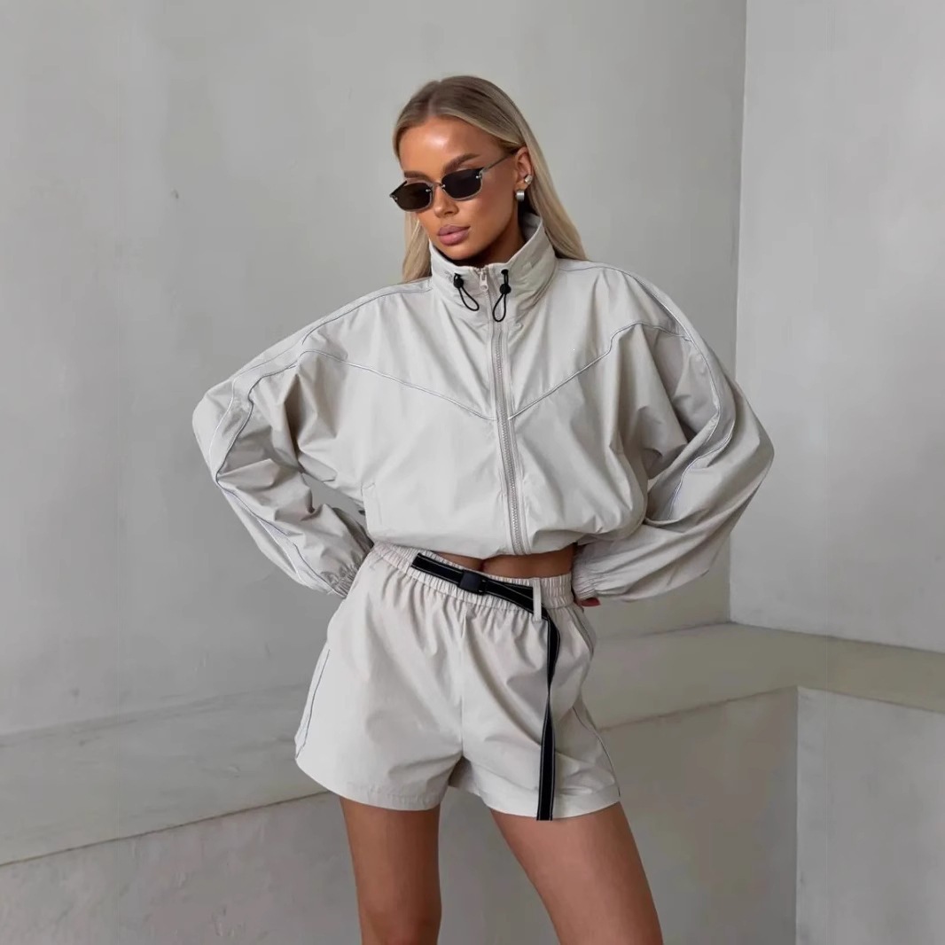 Women's Solid Color Zip-Up Cardigan and Elastic Shorts Two-Piece Set
