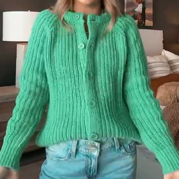 Women's Solid Knit Cardigan Crewneck Long Sleeve Sweater
