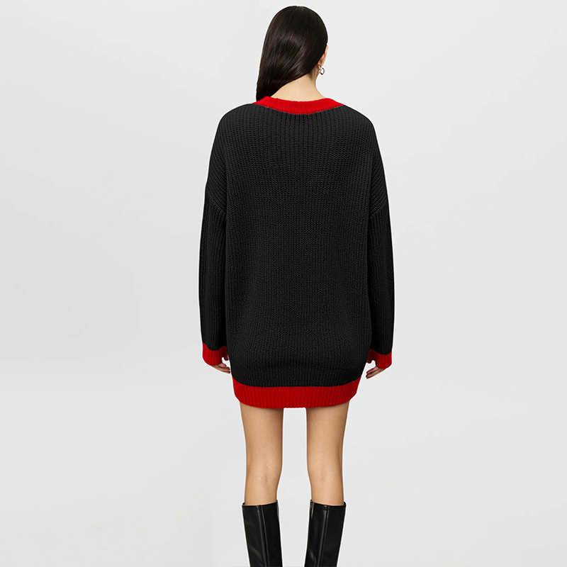 Color-Block Knit Sweater Women's Loose Mid-Length Pullover