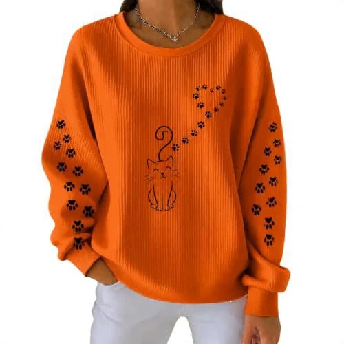 Women's Cat Tail Heart Paw Print Crewneck Sweatshirt