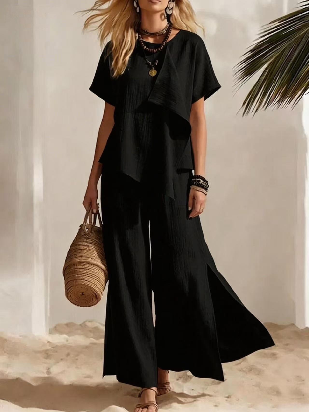 Women's Casual Asymmetric Short Sleeve Top and Slit Wide Leg Pants Set