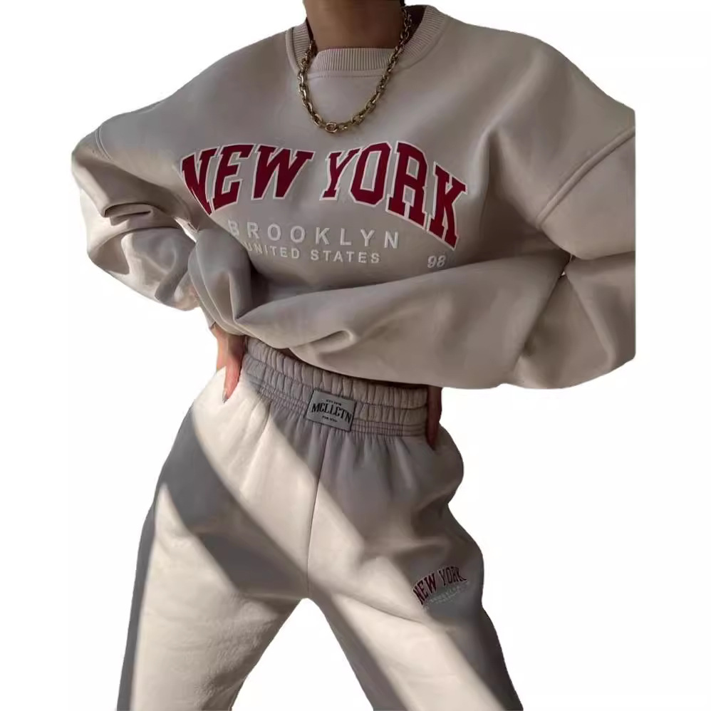Women's Casual Print Fleece-Lined Sweatshirt and Pants Set