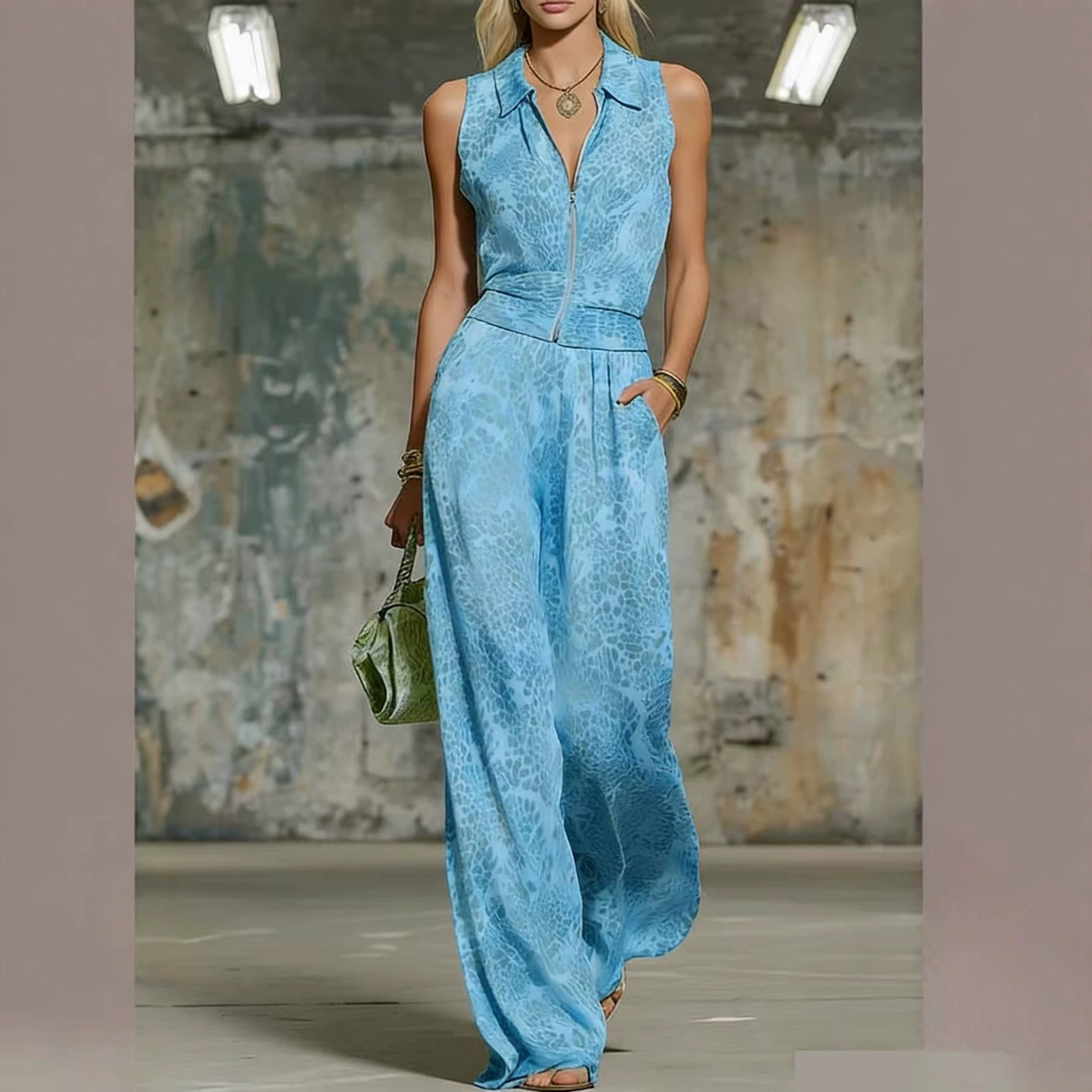 Retro Elegant Leopard Print Lapel Sleeveless Chiffon Top and Wide-Leg Pants Set