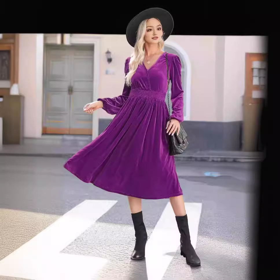 Solid Long Sleeve V-Neck Pleated High Waist A-Line Midi Dress