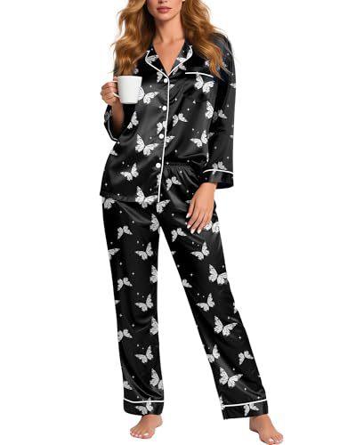 Women's Cuban Collar Christmas Santa Butterfly Print Long Sleeve Shirt Set