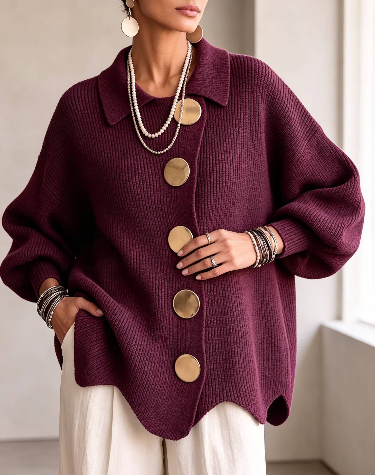 Oversized Knit Cardigan with Lapel Collar and Large Metal Buttons