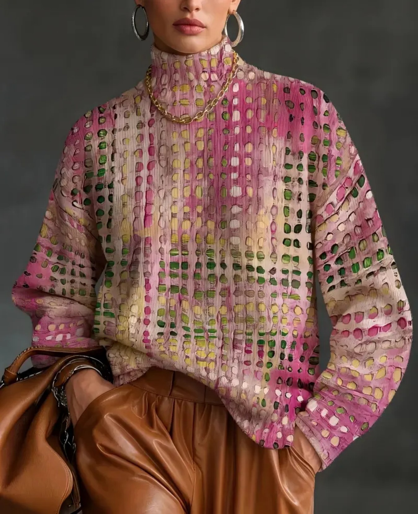 Women's Floral Polka Dot Print Turtleneck Casual Sweater