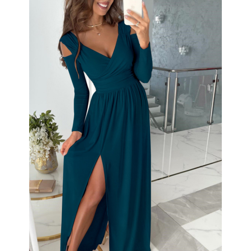 Long Sleeve V-Neck Solid Color Split Hem Dress
