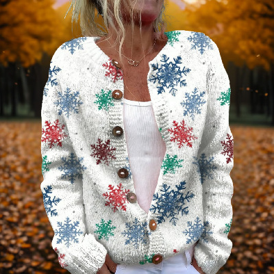 Women's Christmas Santa Print Button Cardigan Sweater