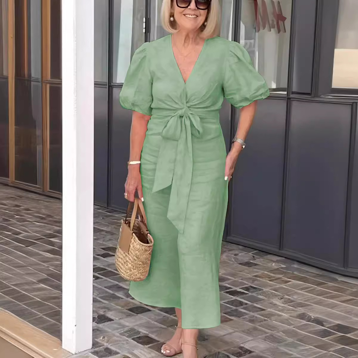 V-Neck Tie-Front Bubble Sleeve Cotton Dress