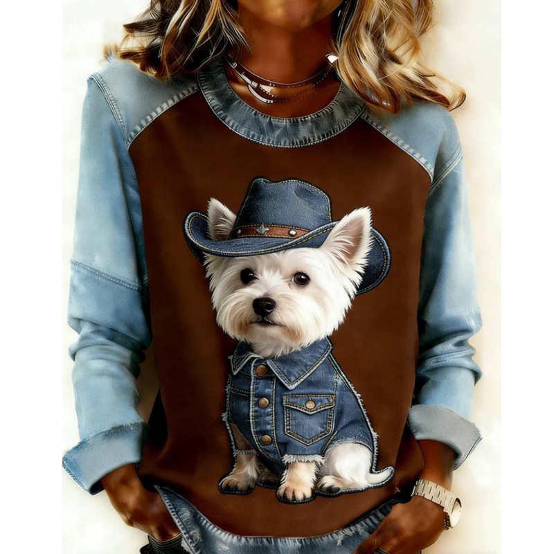 3D Print Colorblock Denim Collar Pullover Sweatshirt Women's Long Sleeve Loose Fit