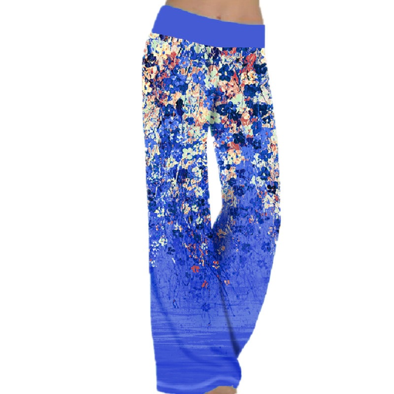 Gradient Floral Print Wide Waistband Wide-Leg Pants Lightweight Drapey Loose Fit