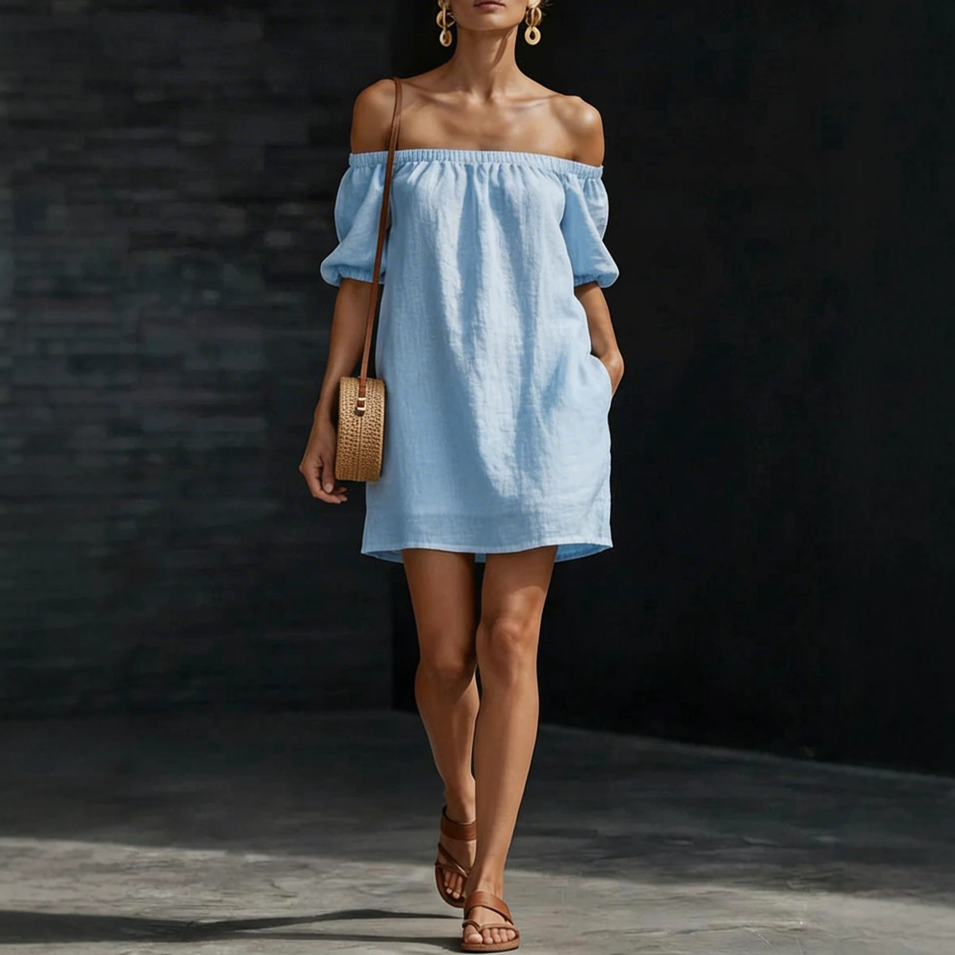 Women's Off-Shoulder One-Line Neck Solid Color Loose Dress
