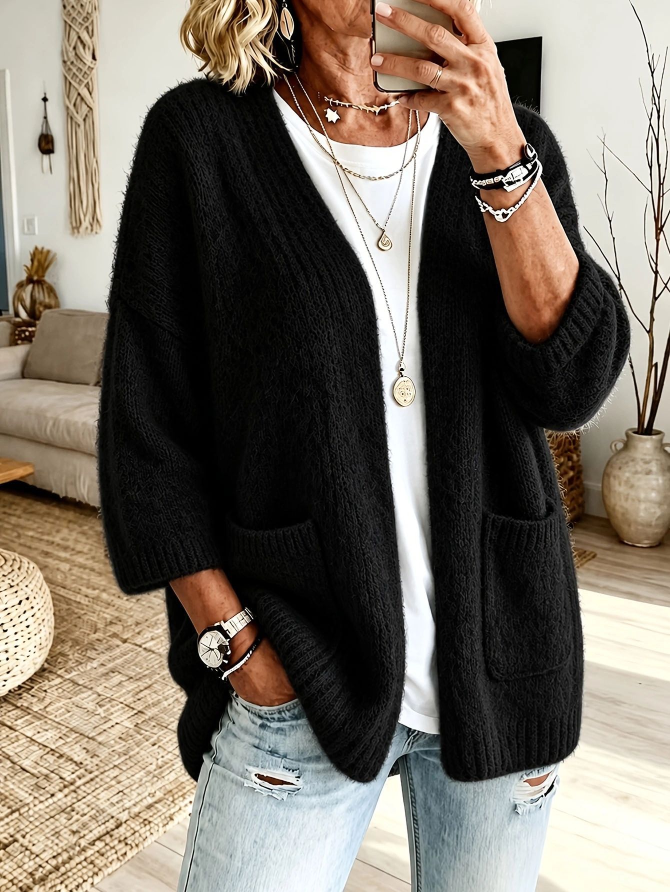 Soft Solid Knit Cardigan with Dual Pockets, Open Front, Long Sleeve