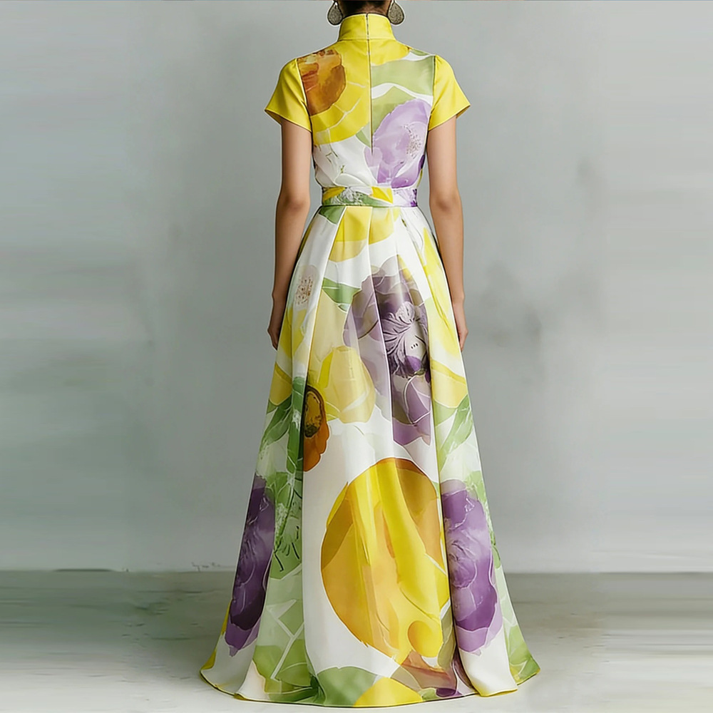 Women's Floral Print Deep V-Neck Short Sleeve Maxi Dress