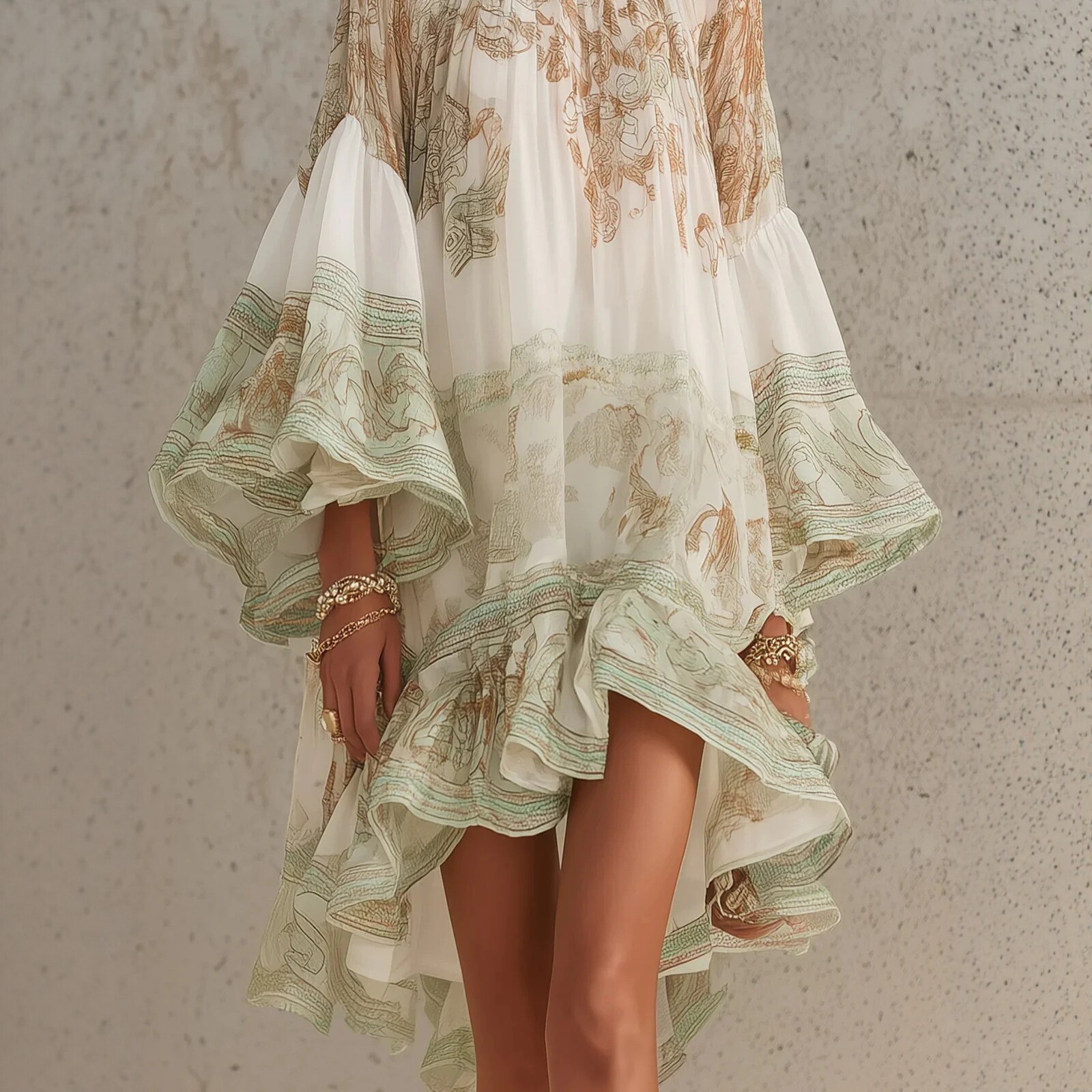 Boho Floral Print Bell Sleeve Asymmetric Ruffle Dress