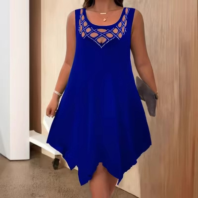 Women's Solid Color Hand-Sequin Cutout Sleeveless A-Line Midi Dress