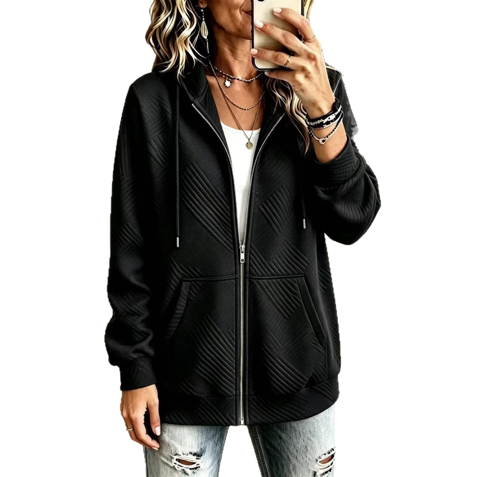 Plus Size Solid Color Hooded Zip-Up Loose Fit Women's Sweatshirt