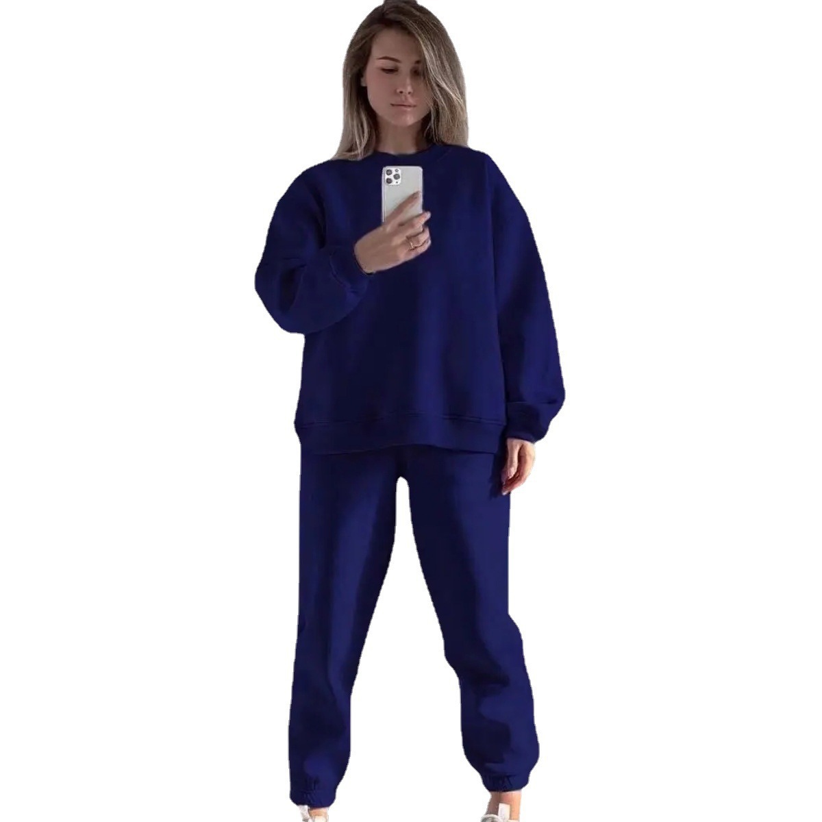 Women's Solid Color Crewneck Sweatshirt and Pants Two-Piece Set