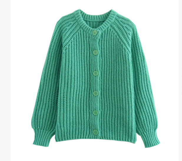 Women's Solid Color Knit Cardigan Crew Neck Long Sleeve Sweater