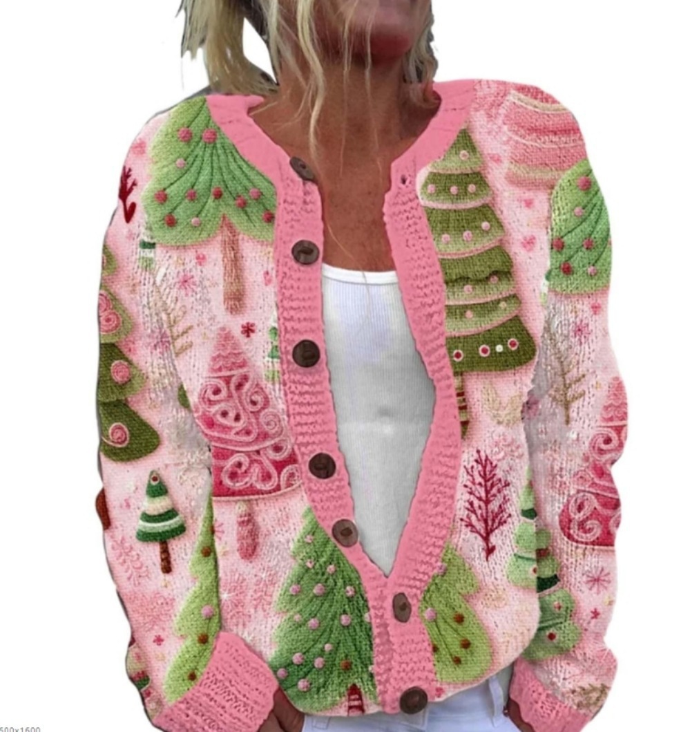 Women's Snowman & Tree Print Button Cardigan Sweater