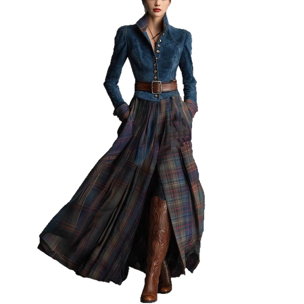 Green Faux Suede Paneled Striped Long Sleeve Maxi Dress
