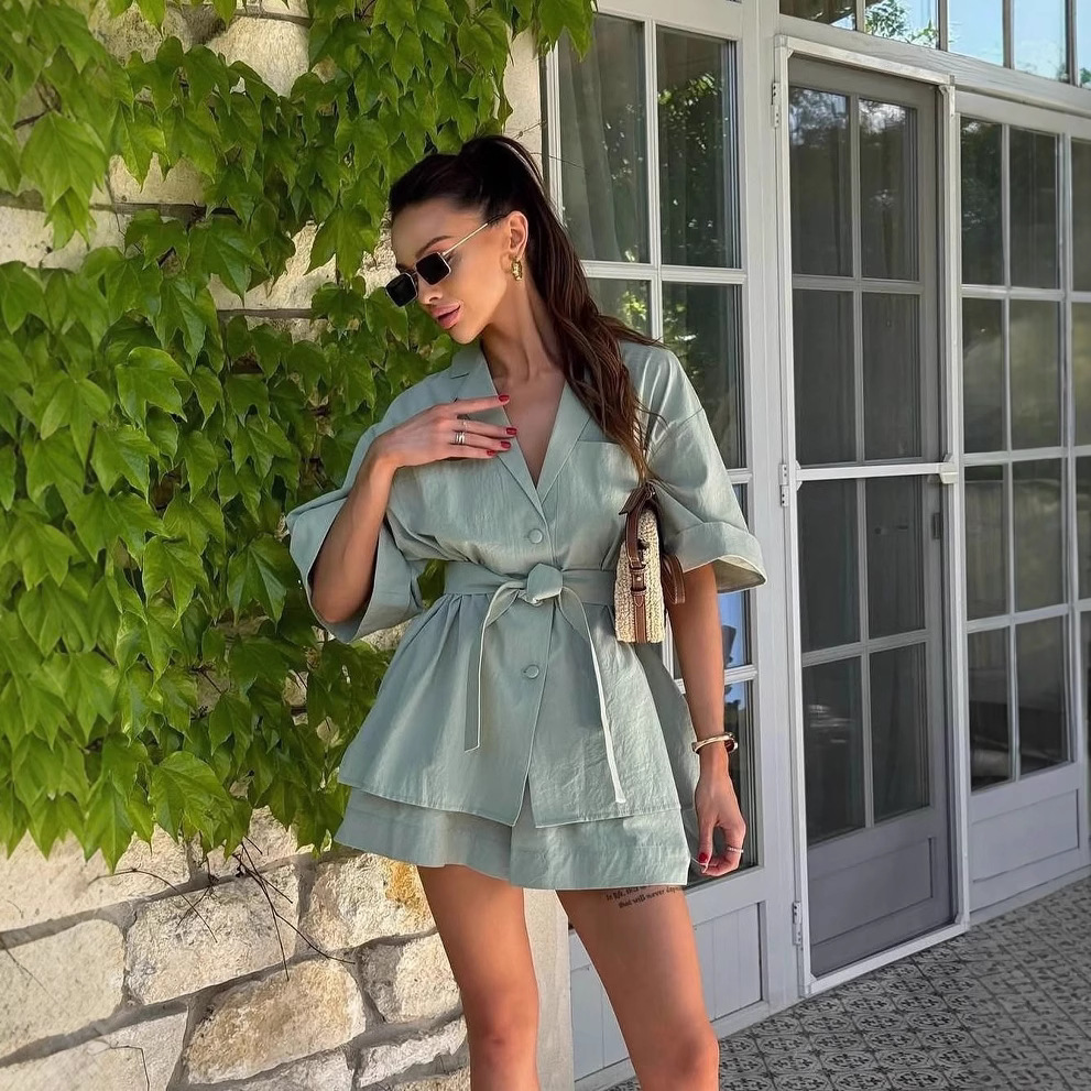 Women's Collared Half-Sleeve Tie Shirt & Shorts Set