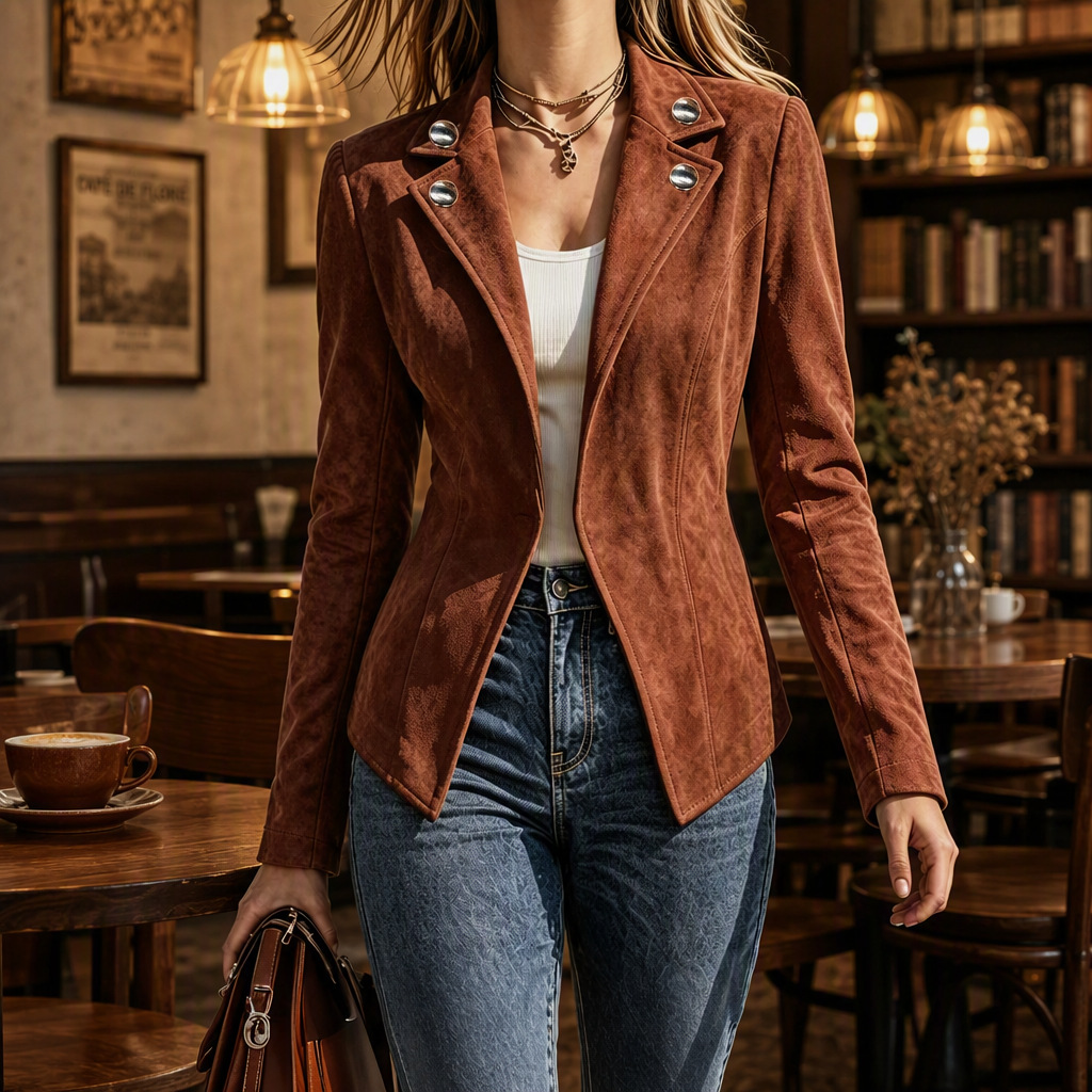 Women's Retro Faux Suede Slim Fit Button Lapel Long Sleeve Jacket
