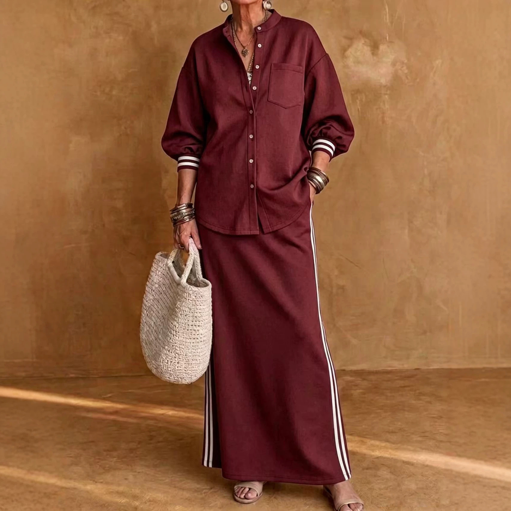 Women's Button-Up Collared Shirt and Striped Midi Skirt Two-Piece Set