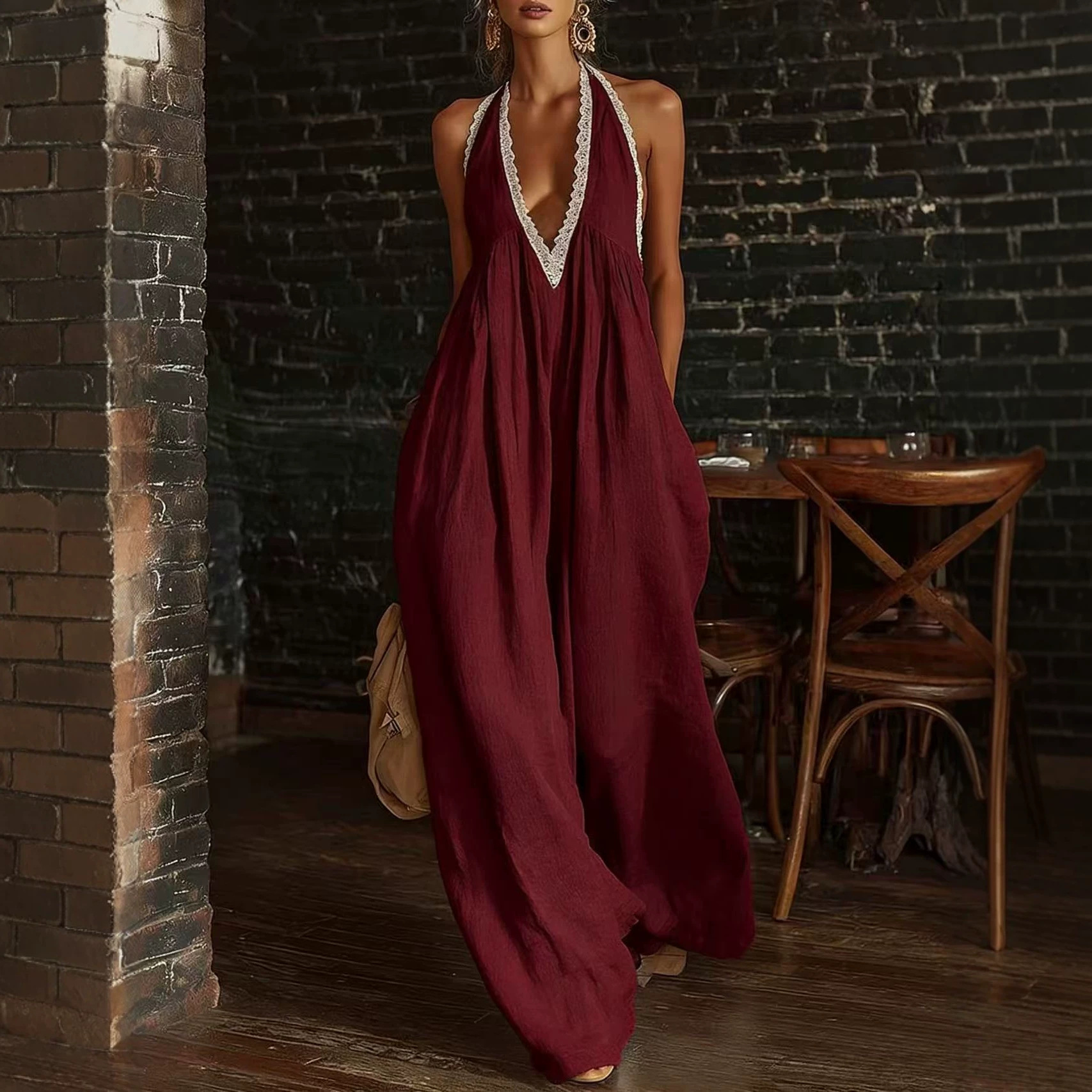 Women's Lace Trim Loose Linen Jumpsuit Casual Elegant Sleeveless