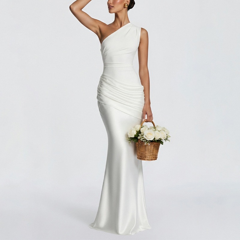 Women's One-Shoulder Bodycon Midi Dress Ruched Elegant Party Dress