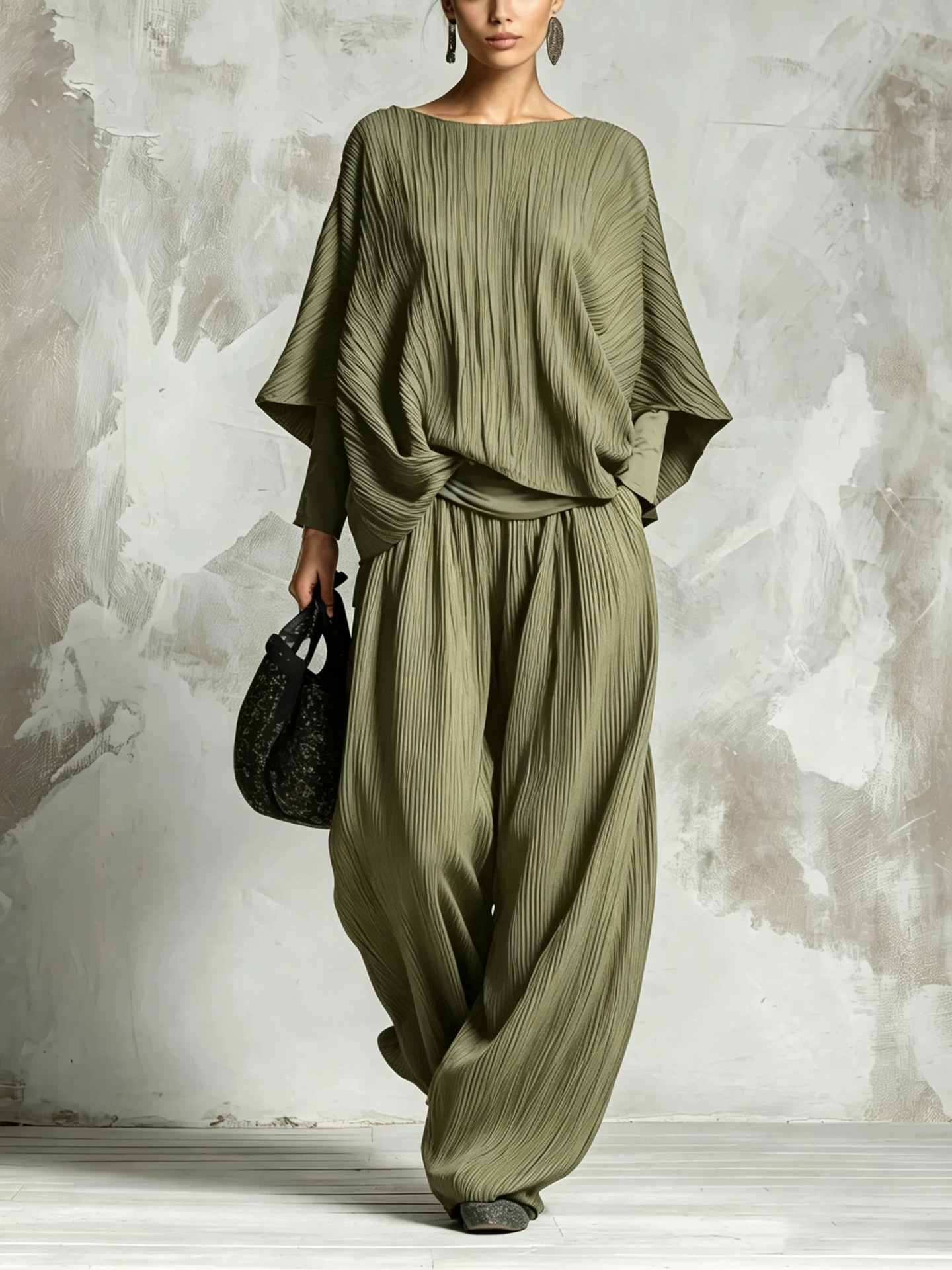 Ruched Batwing Sleeve Top & Wide-Leg Pants Two-Piece Lounge Set