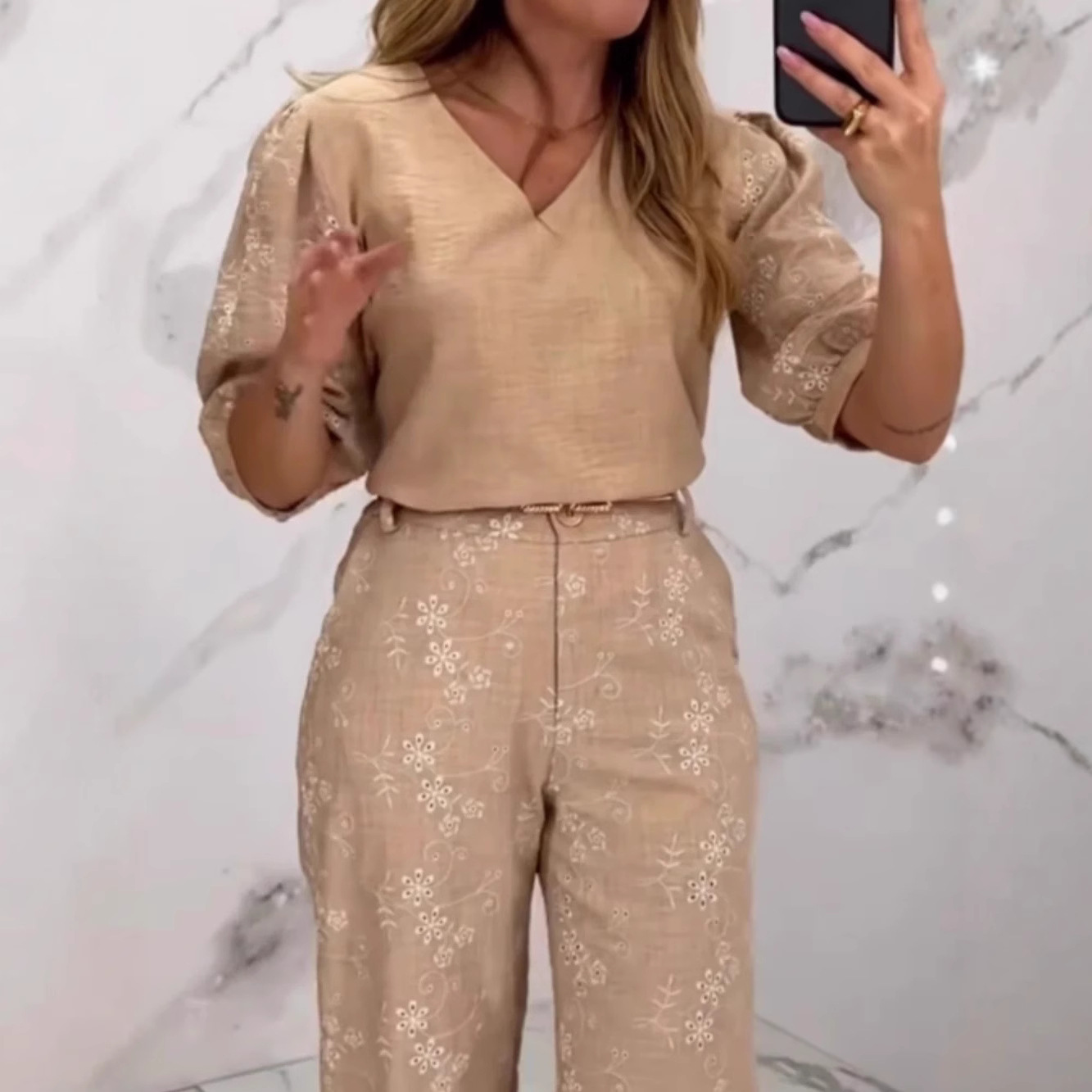 V-Neck Half-Sleeve Top and Pants Two-Piece Set