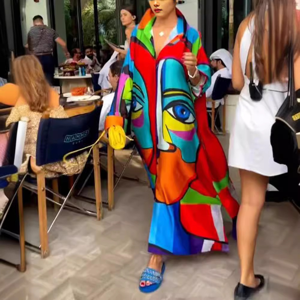 Women's Loose Colorful V-Neck Button Long Sleeve Dress